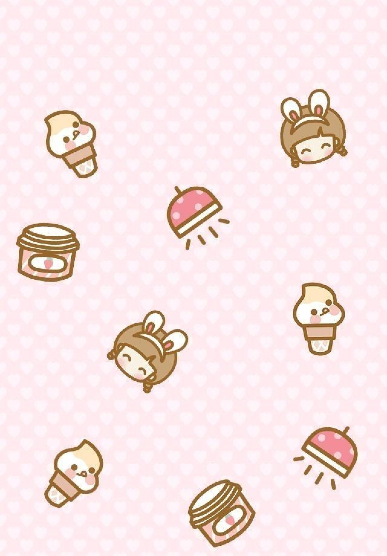 粉色心形背景，小女孩、冰淇淋萌手机壁纸