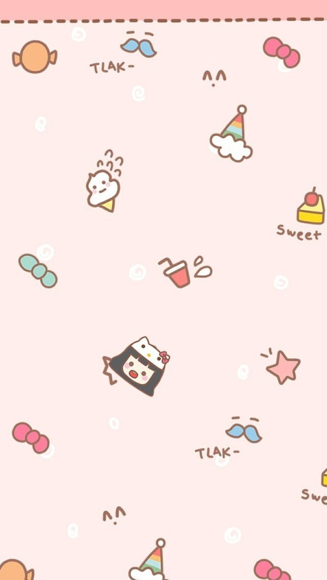 纯粉色背景，HelloKitty女孩、冰淇淋及蝴蝶结图案手机壁纸