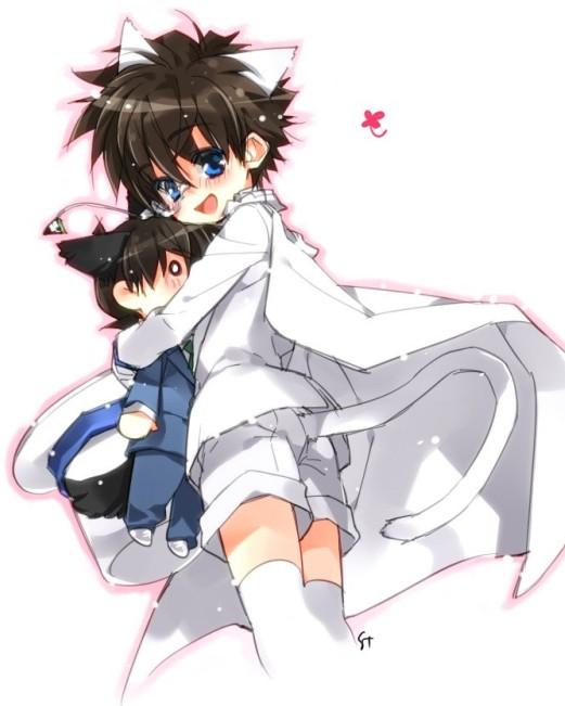 猫耳名侦探柯南抱着Q版工藤新一