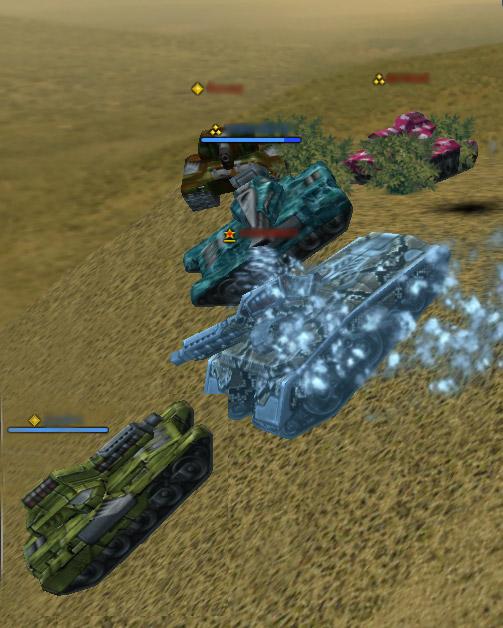 在《3D坦克》山岗地图中，双方坦克正在激烈战斗