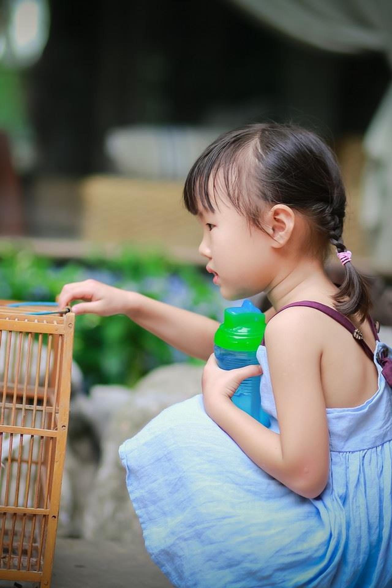 小女孩拿着塑料杯轻扣鸟笼