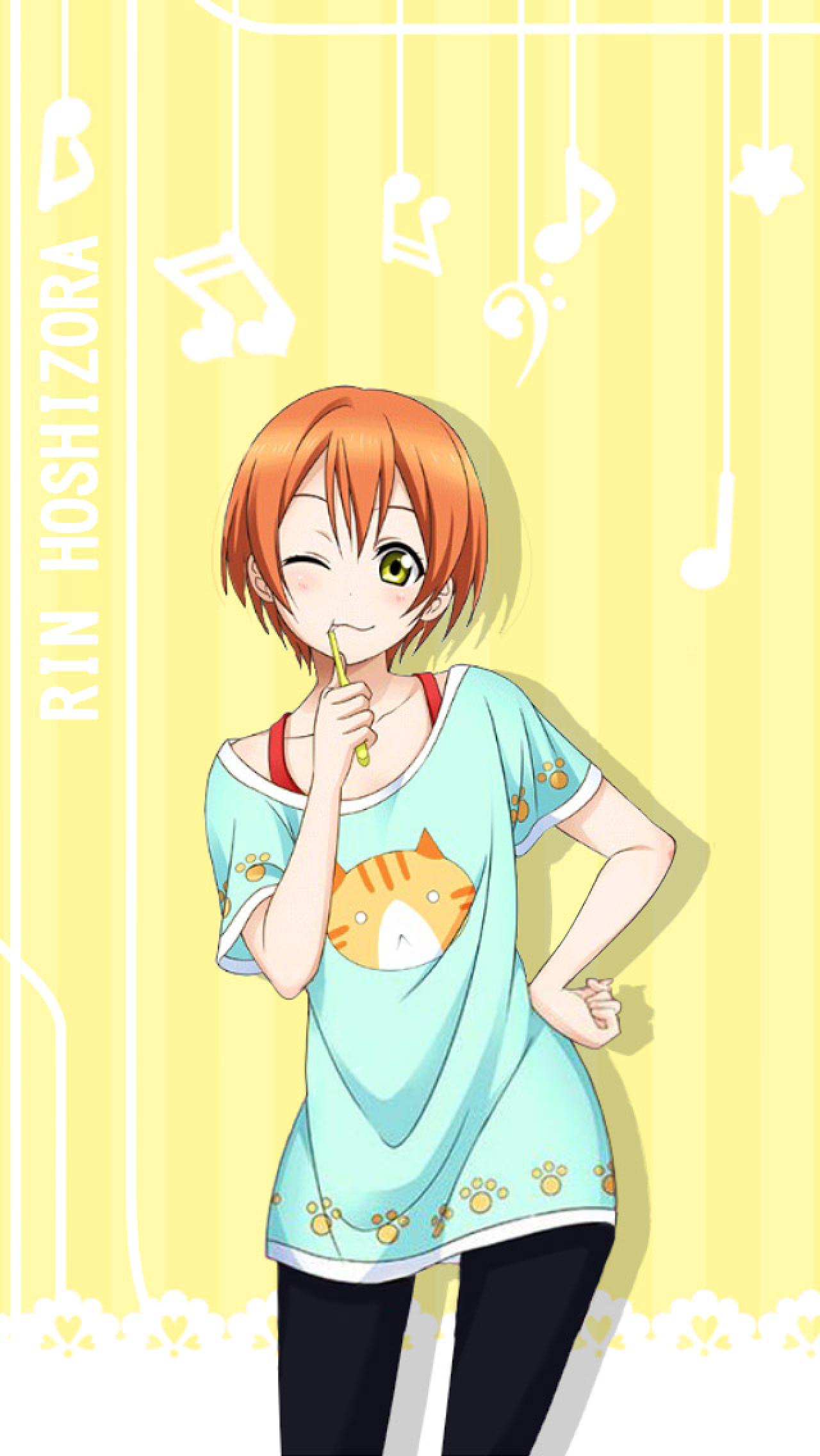 星空凛刷牙黄色音符手机锁屏壁纸