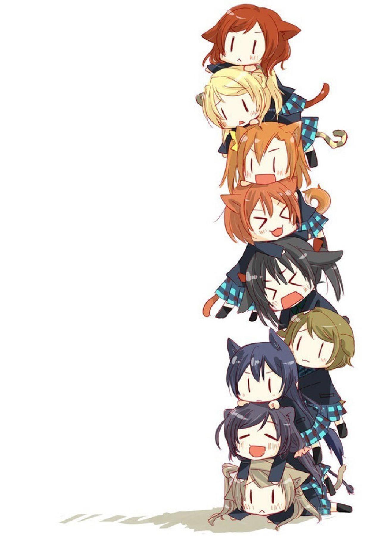 LoveLive!中μ’s组合九人戴着猫耳朵、猫耳朵，萌化成猫咪叠在一起的Q版卖萌手机锁屏壁纸