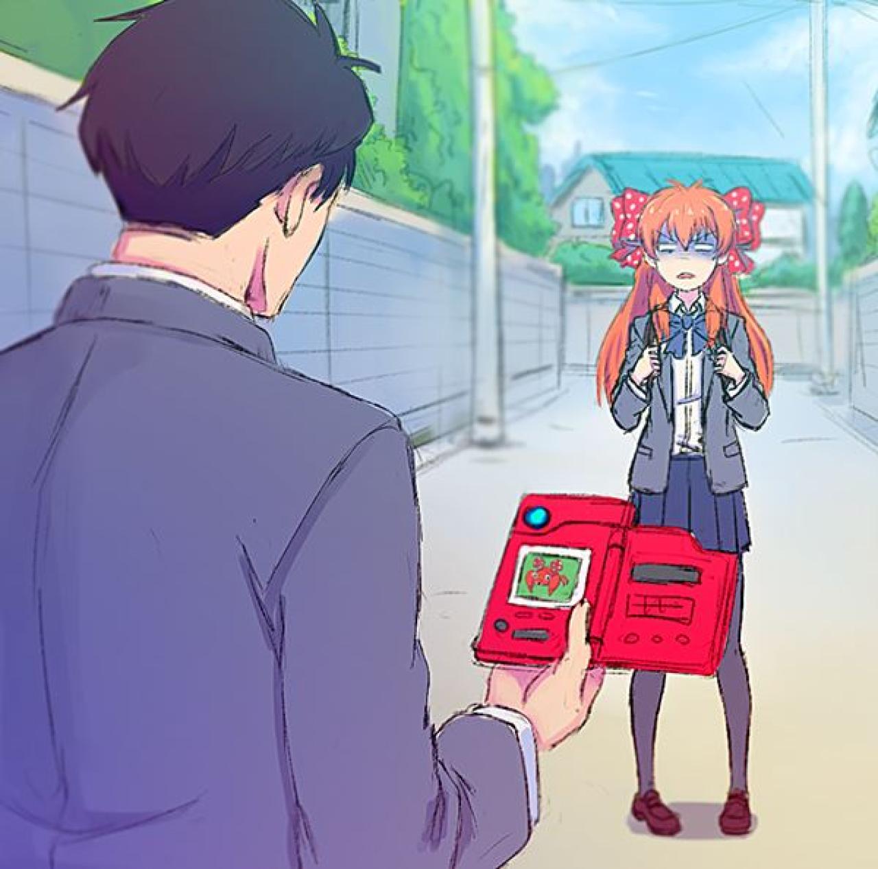 野崎梅太郎拿着图鉴，图鉴上显示佐仓千代为派拉斯，佐仓千代黑化的神情 画师FONG / ほう (仮)，P站ID：46179171