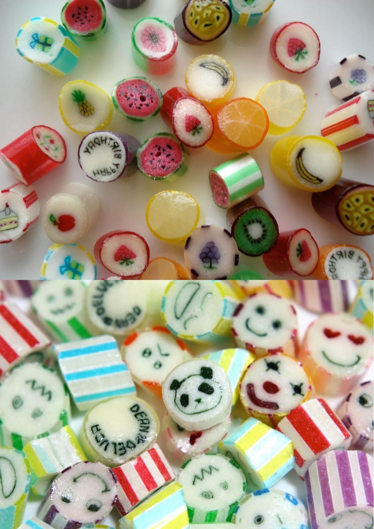 现代版的水果口味和卡通笑脸等图案的金太郎饴糖果