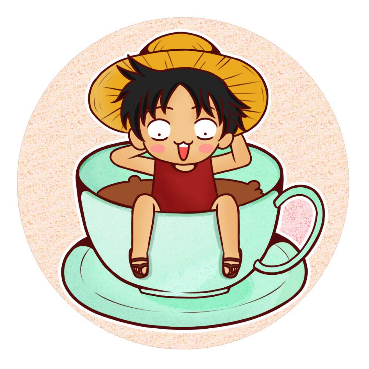 “草帽”蒙奇·D·路飞坐在咖啡杯里的头像