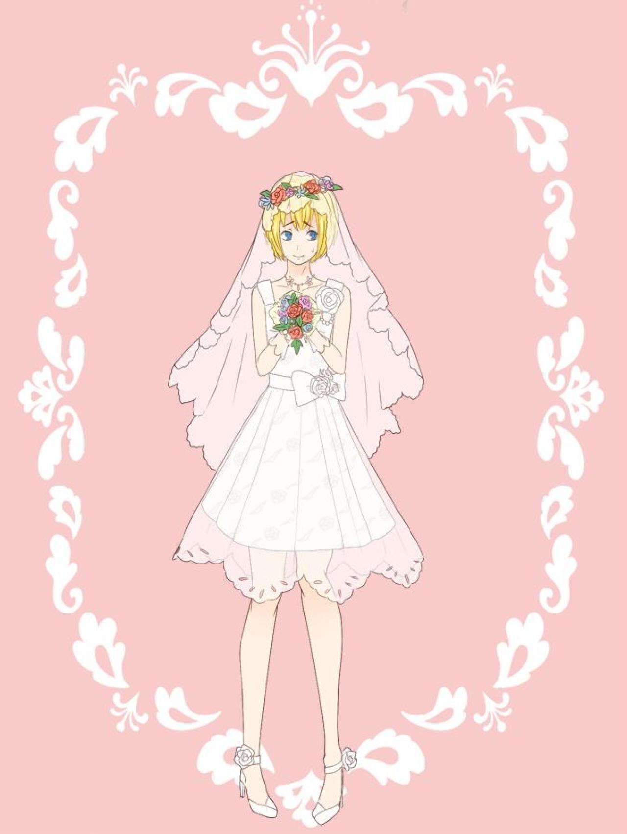 阿明·阿诺德穿着白色婚纱，双手捧着手捧花