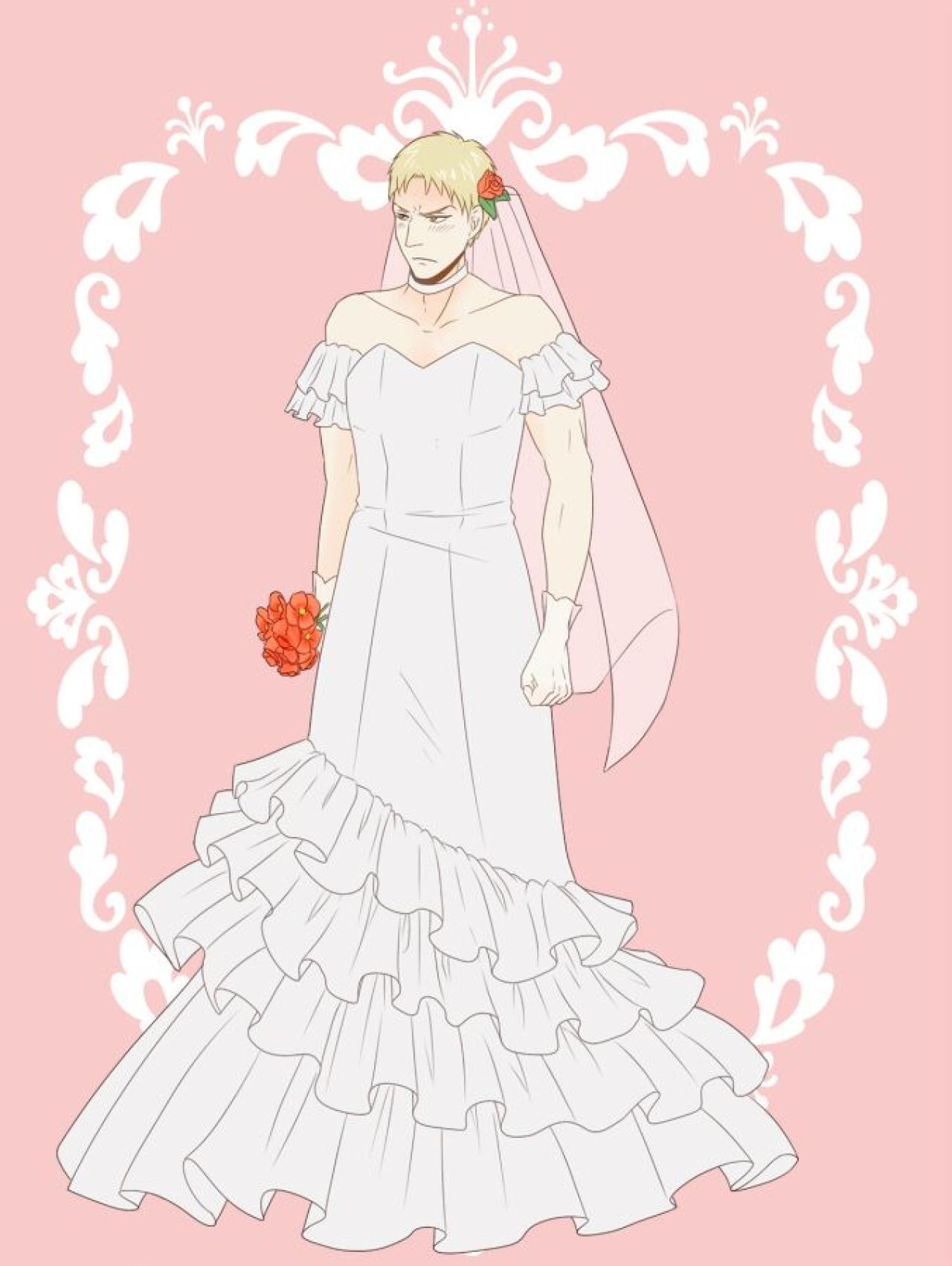 莱纳·布朗穿着白色婚纱，严肃的神情