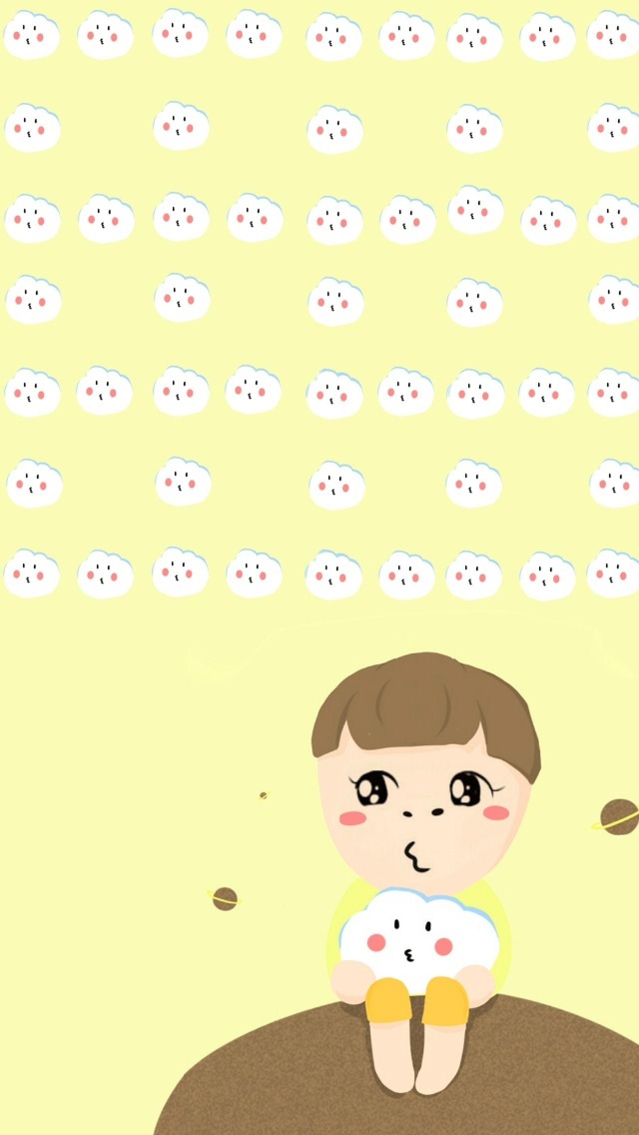 小小明抱着白云朵黄色手机壁纸