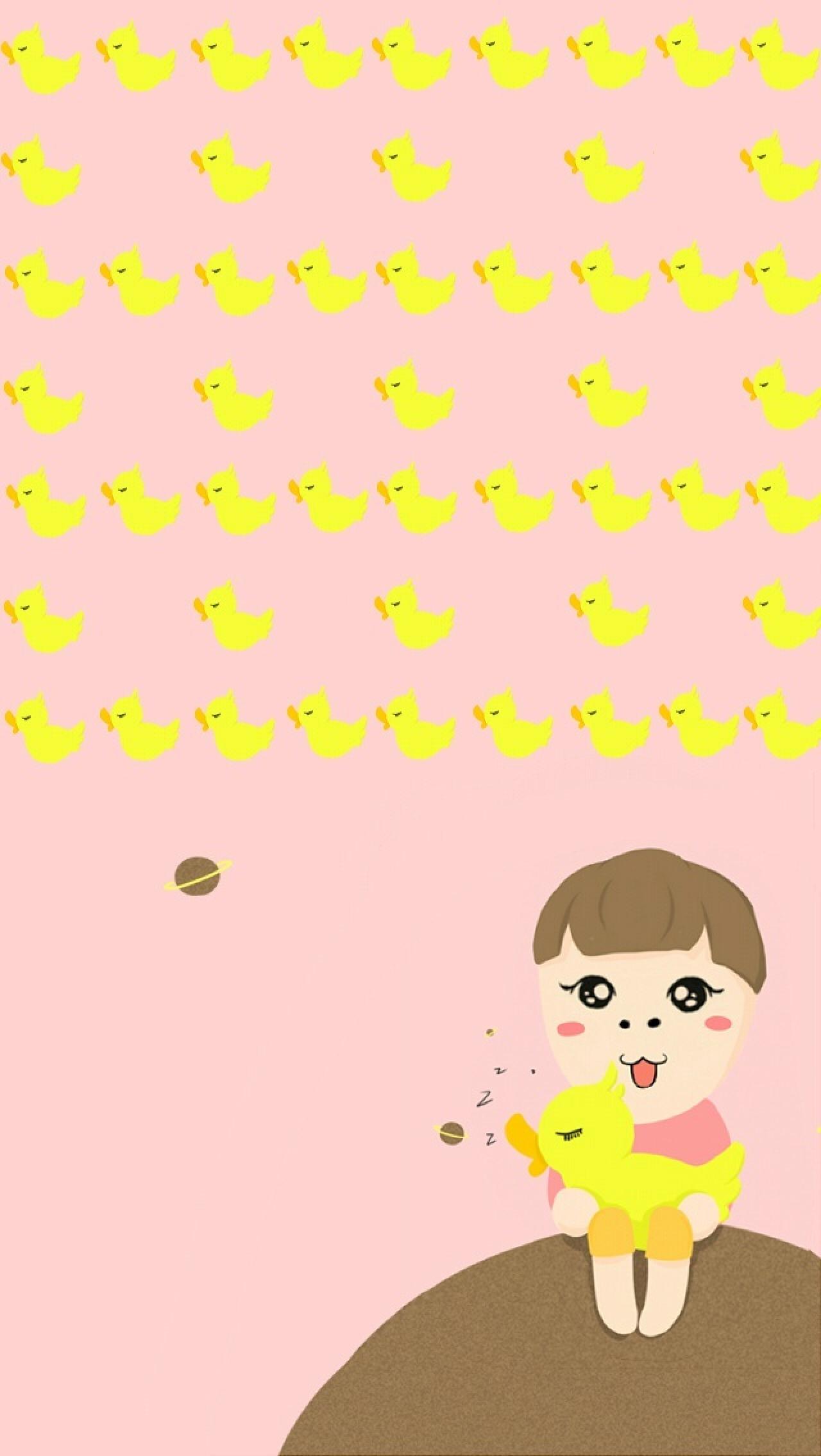 小小明抱着小鸭子粉色手机壁纸