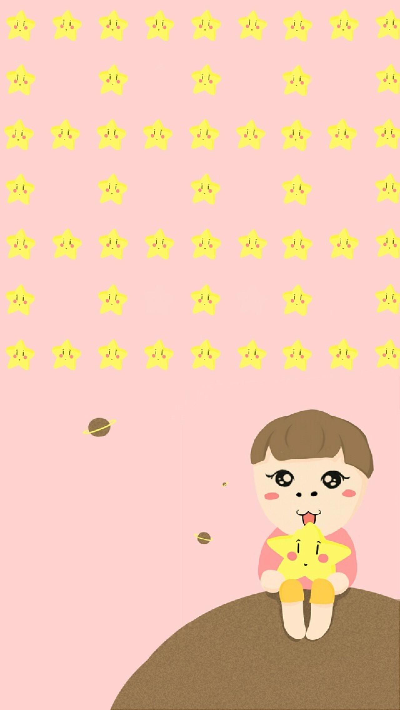 小小明抱着小星星粉色手机壁纸