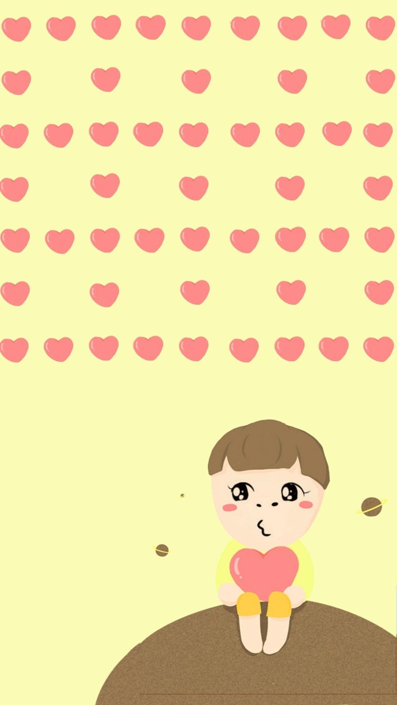 小小明抱着小桃心黄色手机壁纸