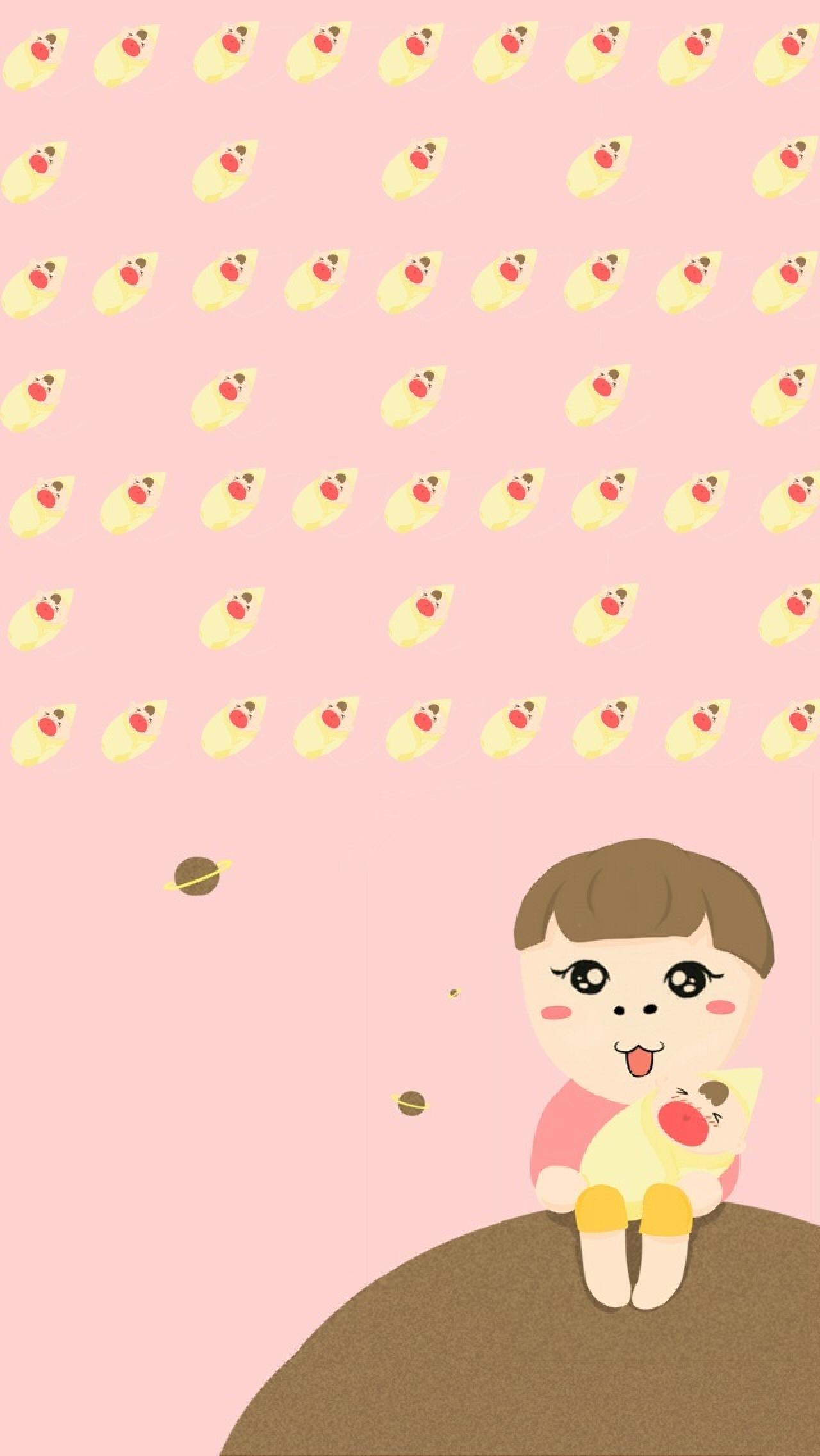 小小明抱着襁褓中的婴儿粉色手机壁纸