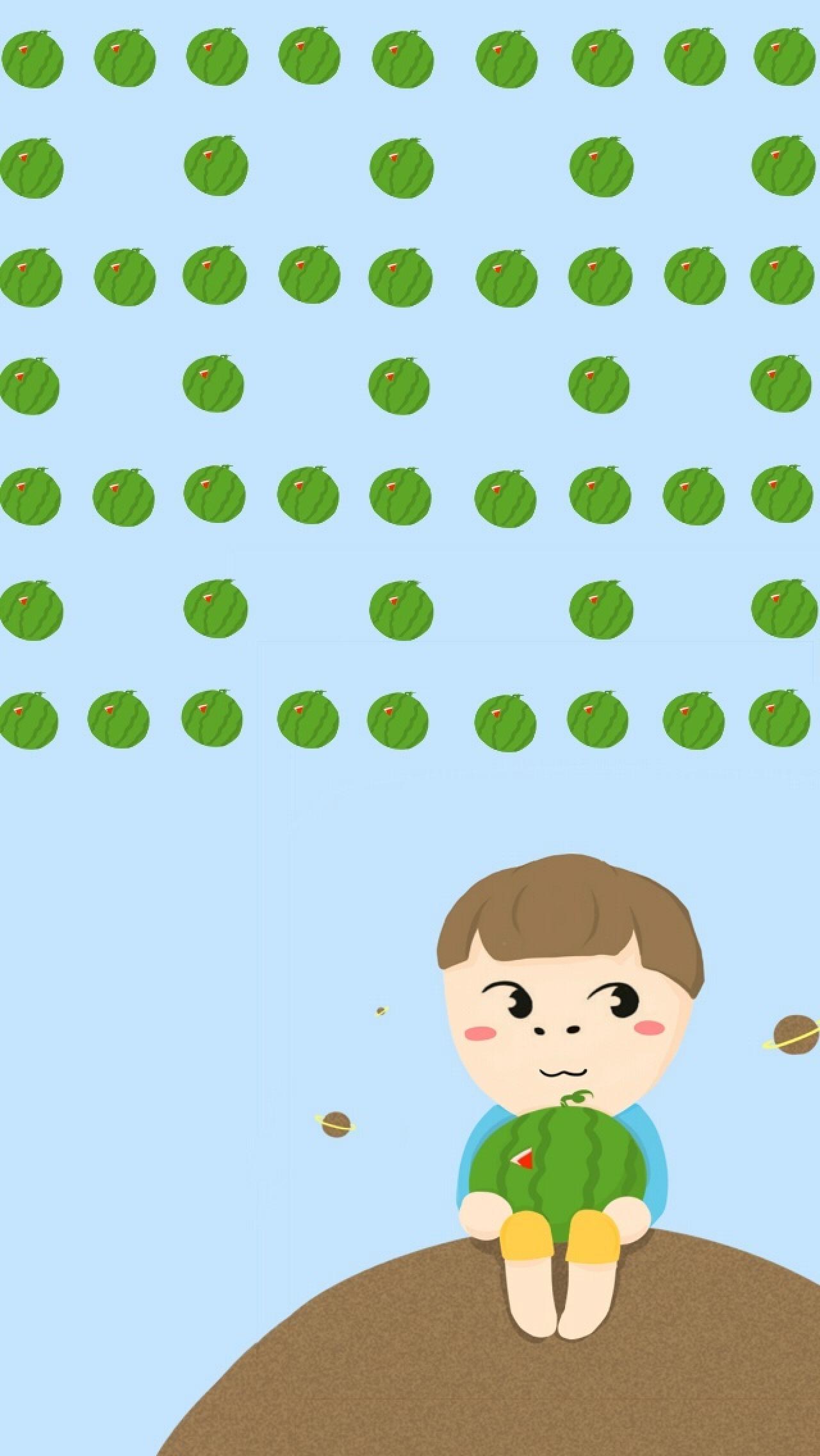 小小明抱着缺一角的西瓜蓝色手机壁纸