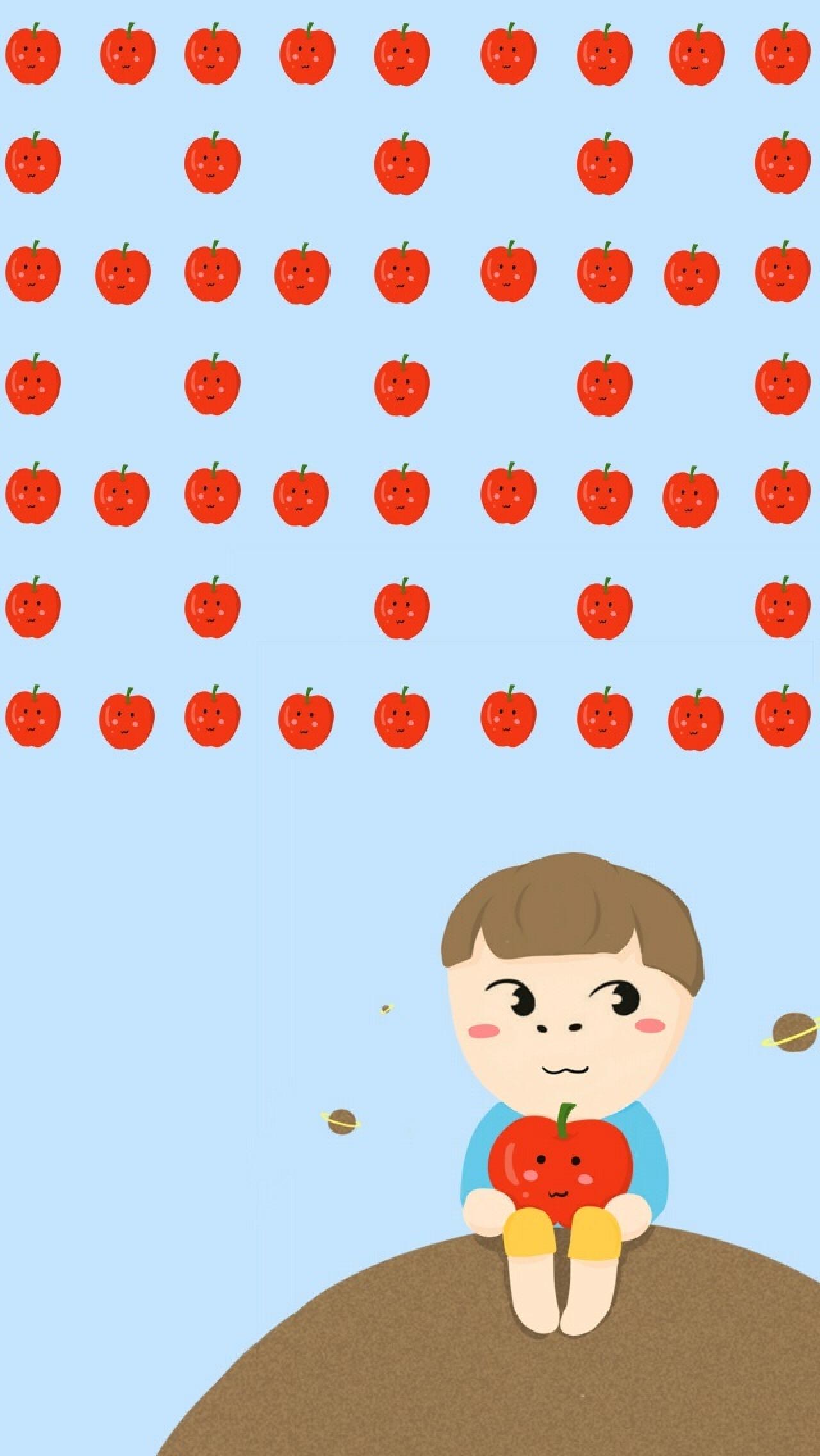 小小明抱着小苹果蓝色手机壁纸