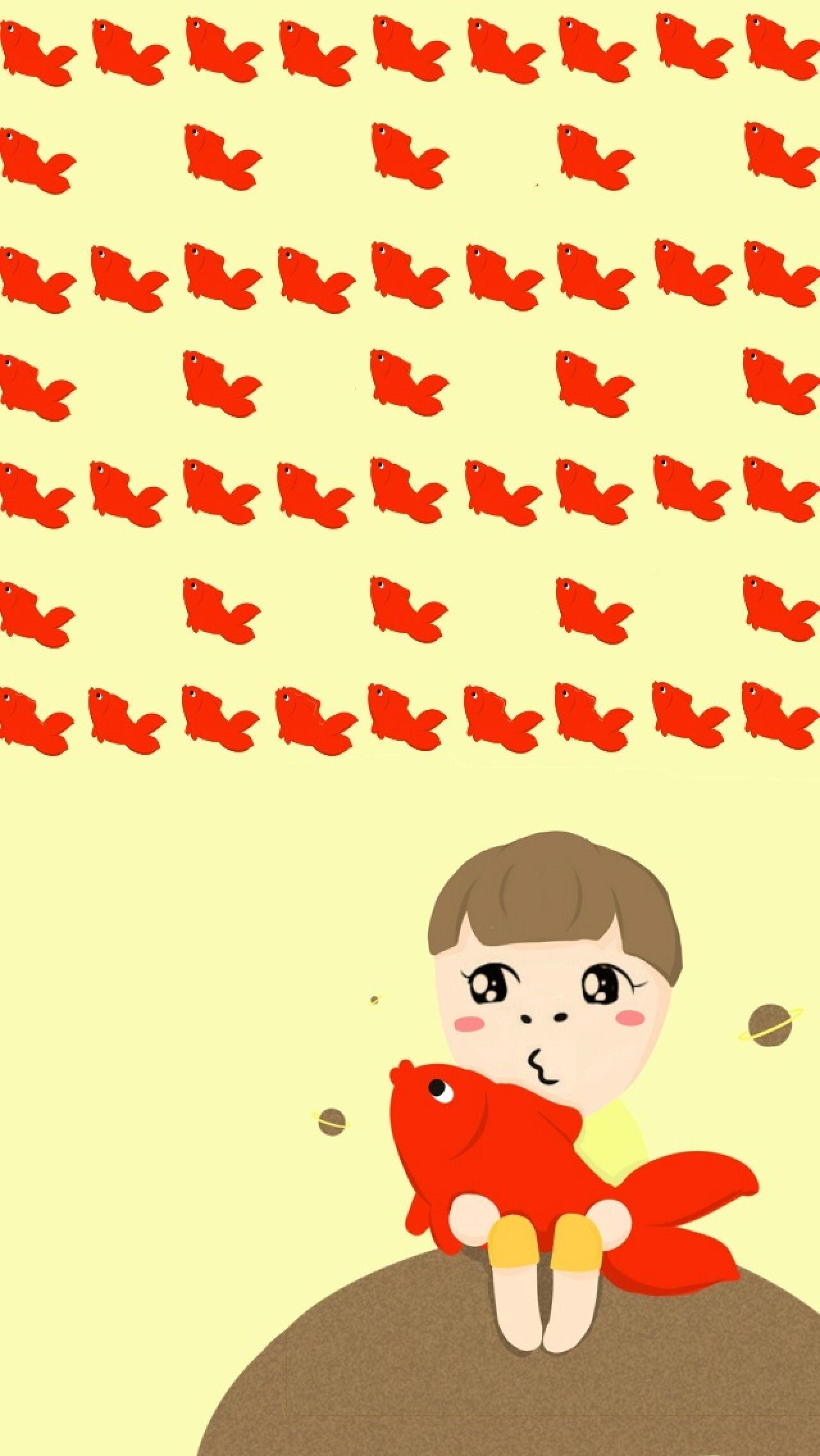 小小明抱着红锦鲤黄色手机壁纸