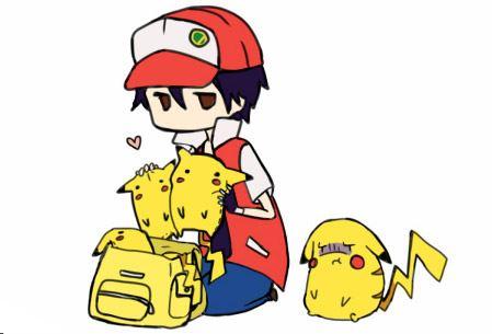 小智往背包里装皮卡丘玩偶，皮卡丘嫉妒黑线的神情