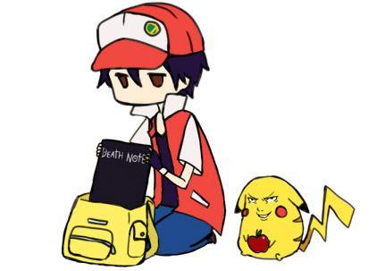 小智往背包里塞死神日记，皮卡丘端着红苹果，作了一个死神的表情
