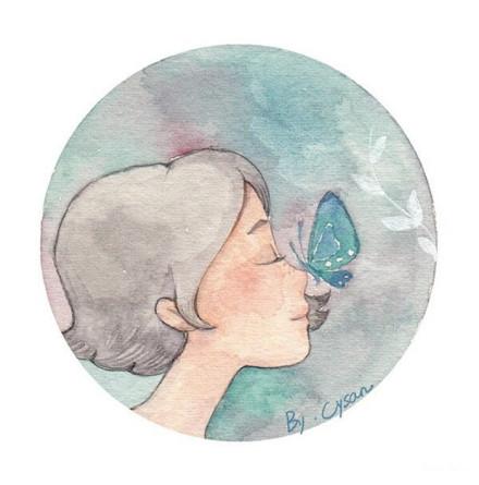 蝴蝶栖息在鼻子上的少女水彩头像