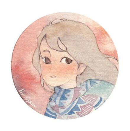 戴着围巾的长发少女水彩头像
