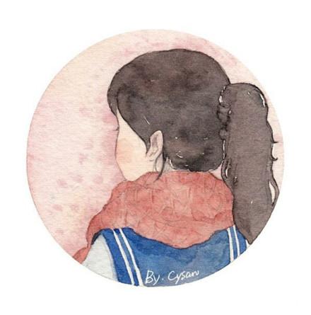 留着单马尾，穿着水手服少女背影水彩头像