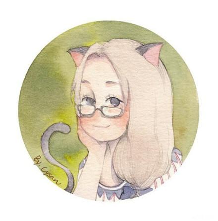 戴着猫耳朵，猫尾巴和眼镜的长发少女水彩头像