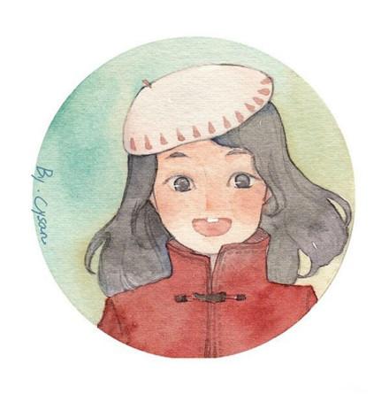 戴着帽子，露着门牙的少女水彩头像