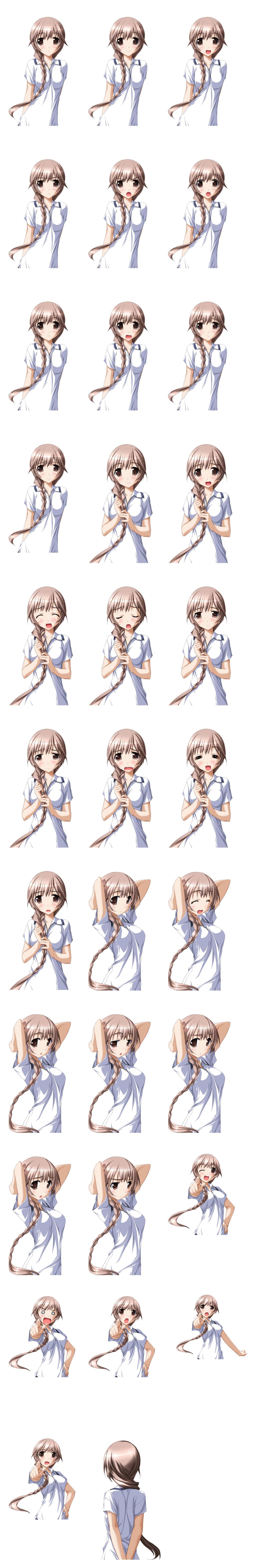 明日的七海和你相逢七海美菜白色运动T恤人物立绘：喜、怒、哀、乐神情的正面、侧面及背面拼图