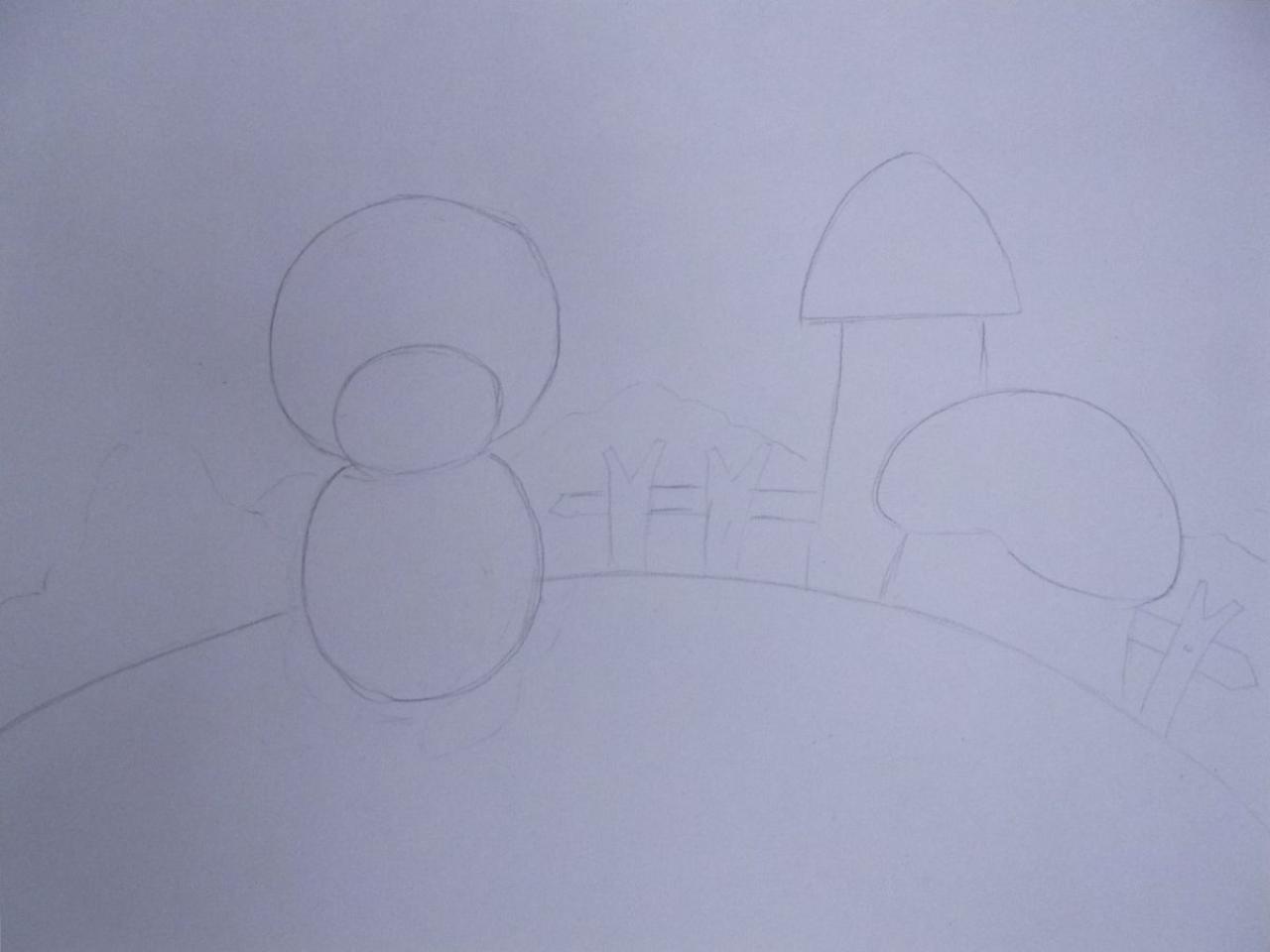 第一步，画出地平线，小熊及家的基本形状