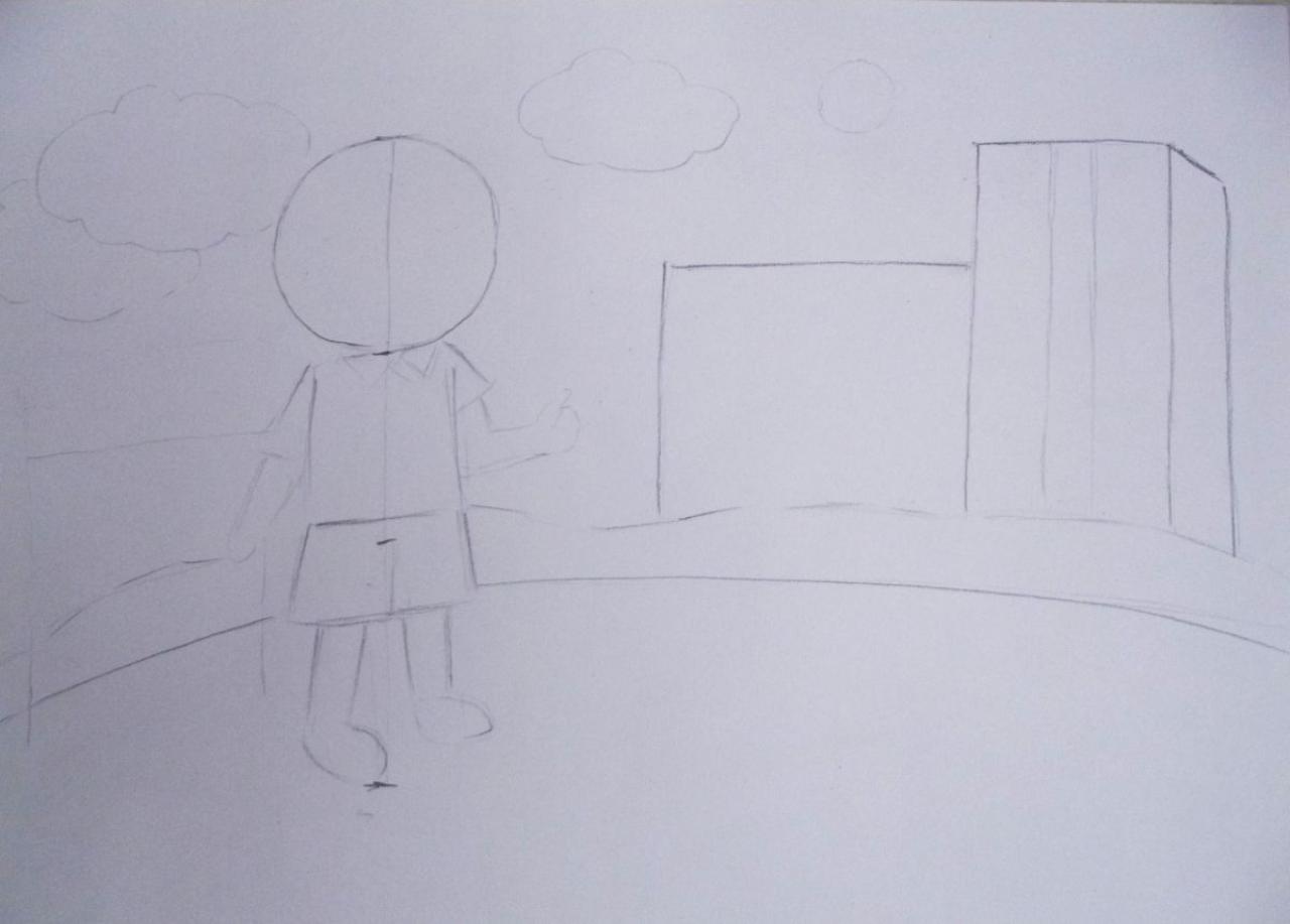 第一步，确定“我”学生、操场、楼房的位置