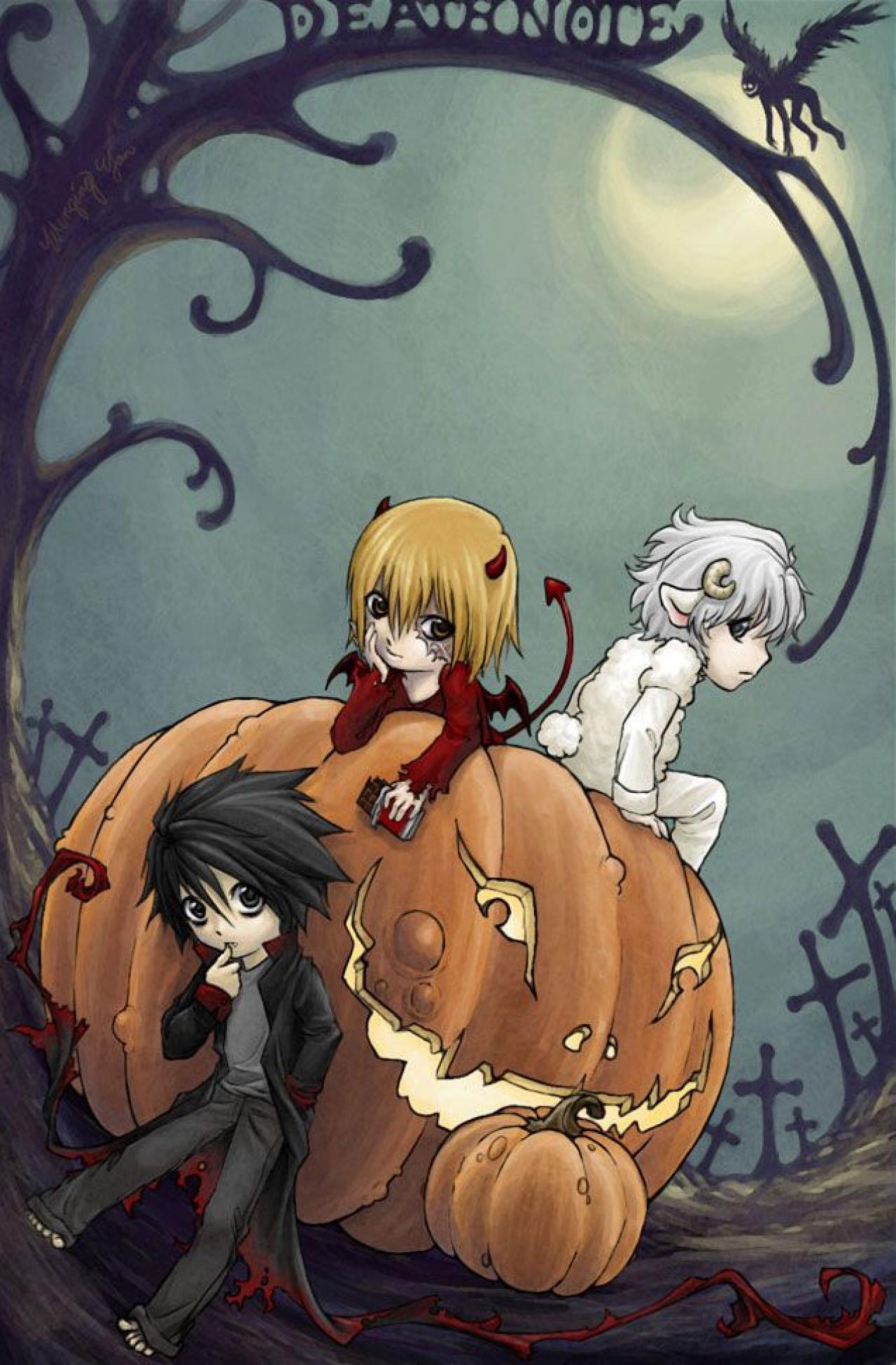 死亡笔记与万圣节的南瓜：女主角弥海砂（中间），夜神月（左）和L.Lawliet（右） 画师：yuumei 来自：yuumei.deviantart.com