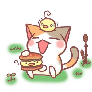 萌表情：张大嘴巴的猫咪，准备吃夹着小鸡的汉堡包