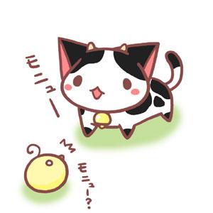 萌表情：小鸡：猫咪，你什么时候变成奶牛了。猫咪：我还需要一个更大的铃铛呢（非翻译）