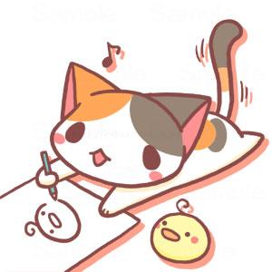 萌表情：猫咪正趴着画小鸡的肖像