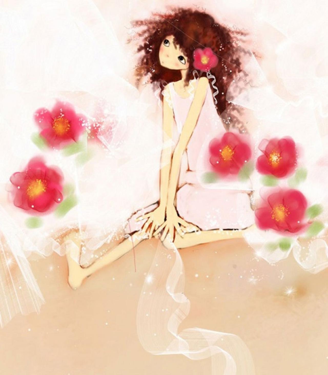 头戴依米花，穿着白色连衣裙的少女和周围生长的红色依米花