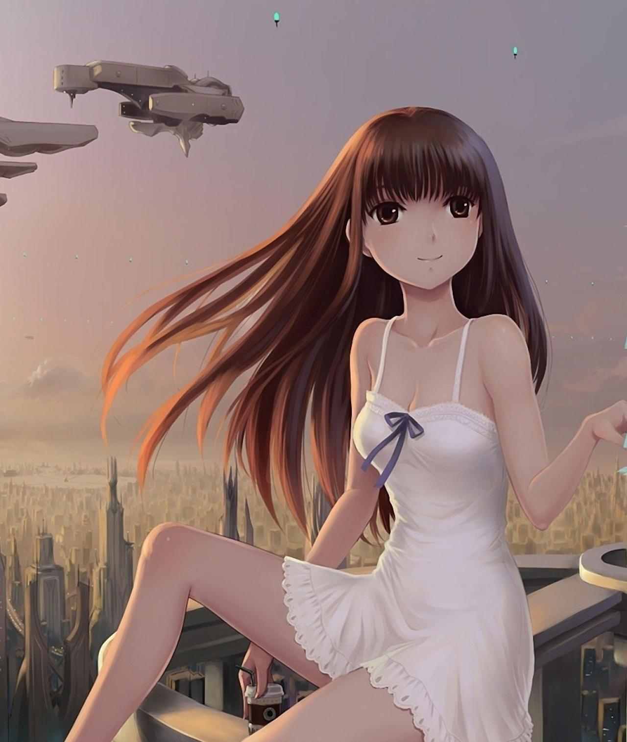 穿着白色连衣裙的长发少女坐在未来的城市之巅 来自：freehdwalls.net