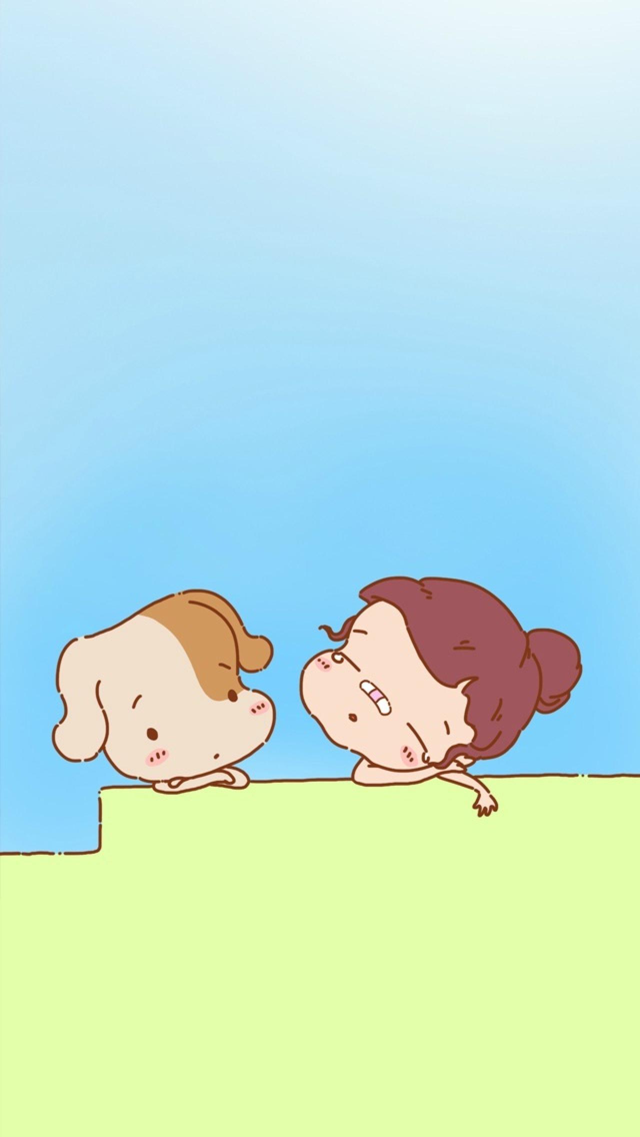 小狗阿哆和脸上贴着创可贴的女孩扒着对视的手机壁纸