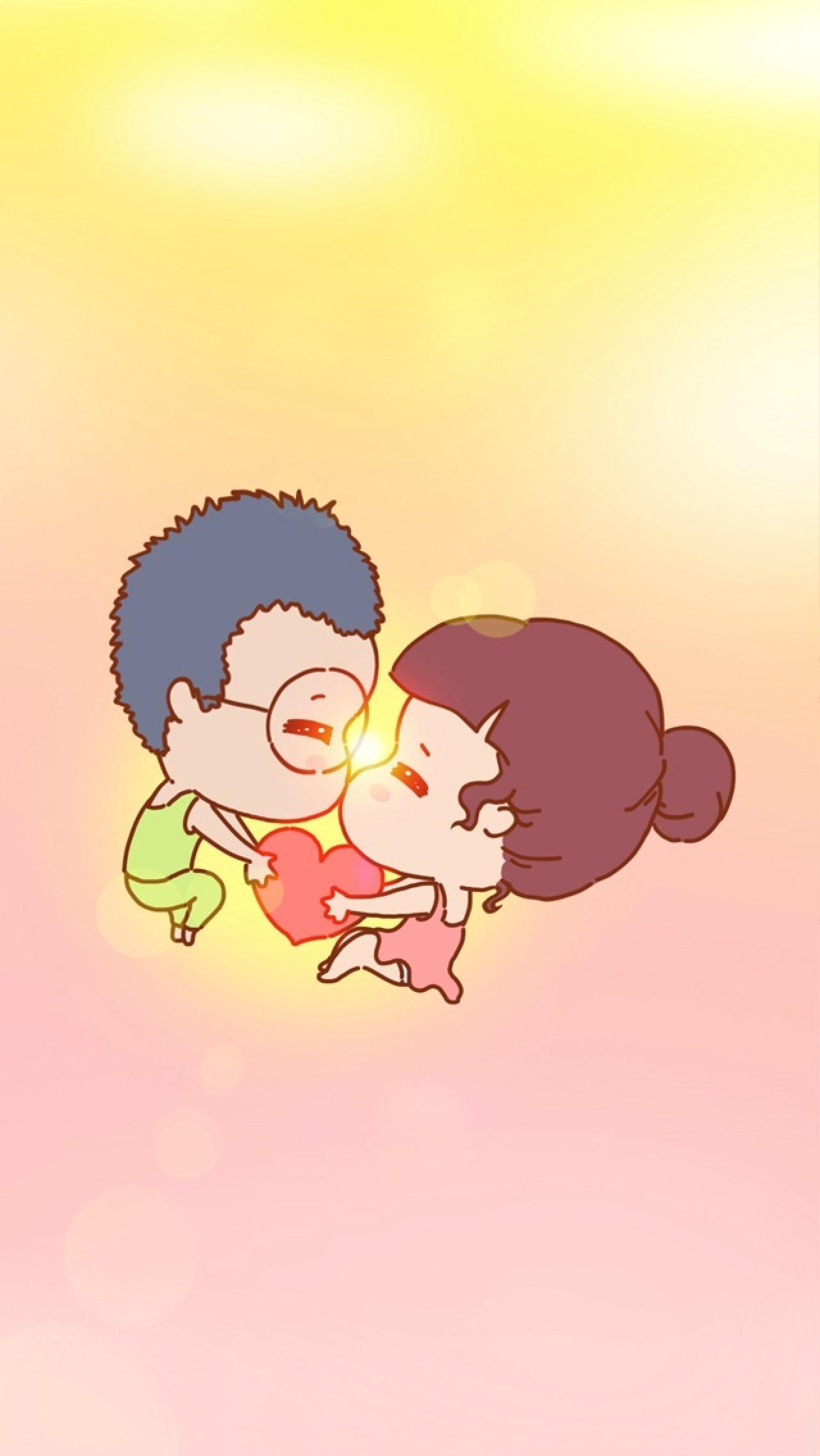 抱着桃心脸对脸亲吻的男孩和女孩情侣手机壁纸