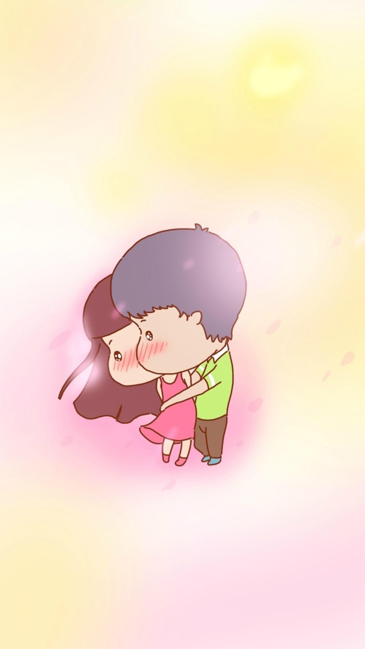 搂着女孩的男孩的羞答答情侣手机壁纸