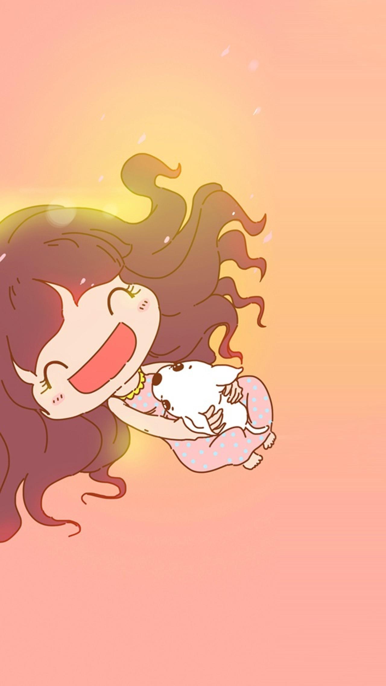 抱着小狗狗张大嘴巴微笑的女孩手机壁纸