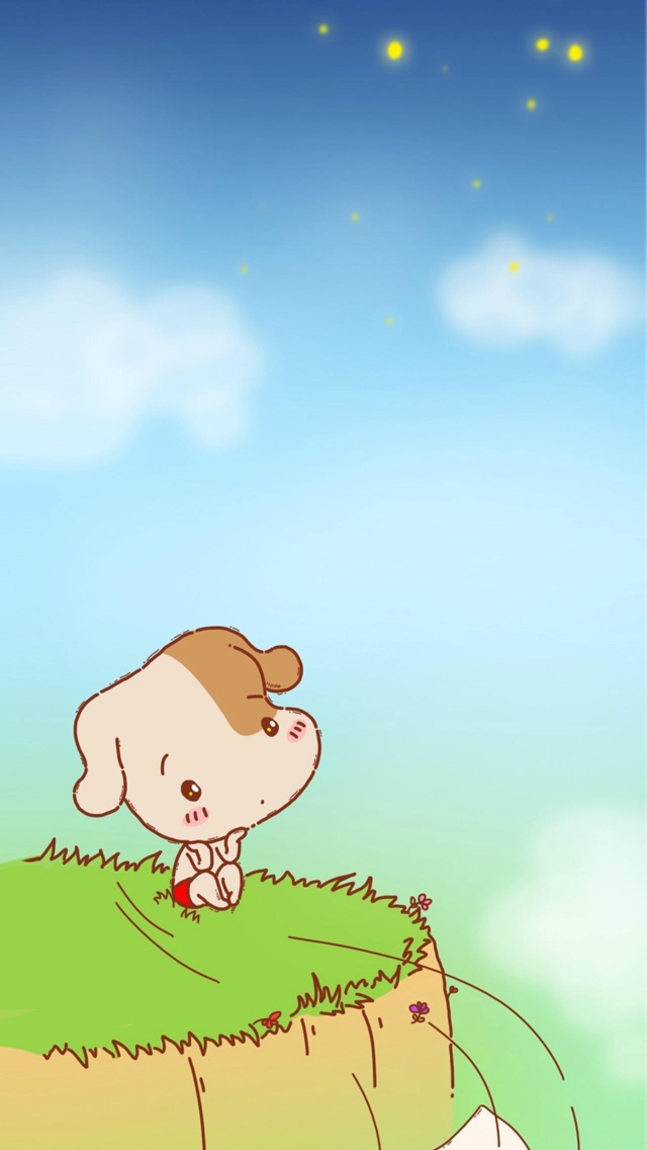 抱着头坐在山巅草坪的小狗阿哆萌手机壁纸