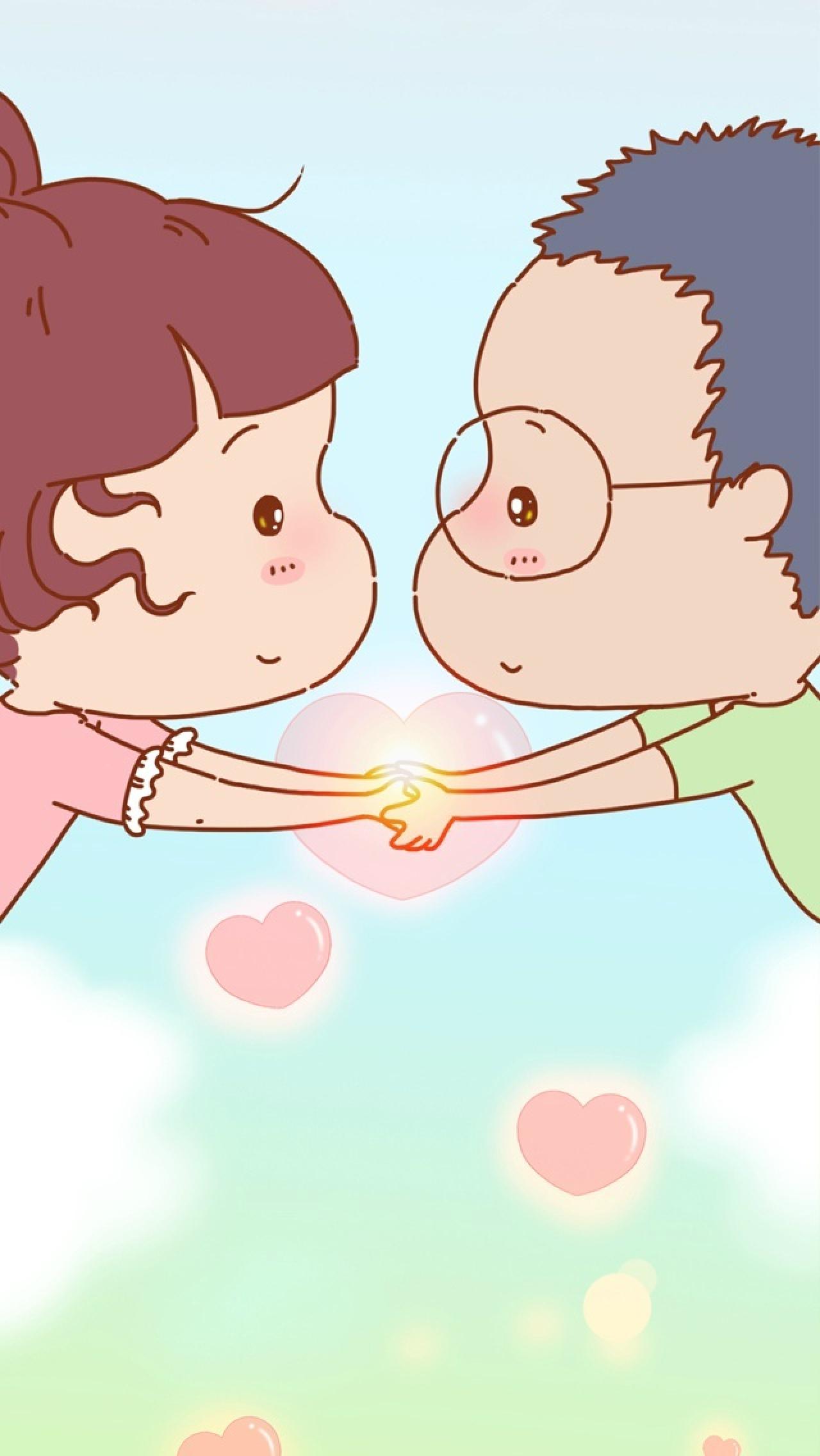 女孩和男孩双手握在一起，背景桃心的情侣手机壁纸