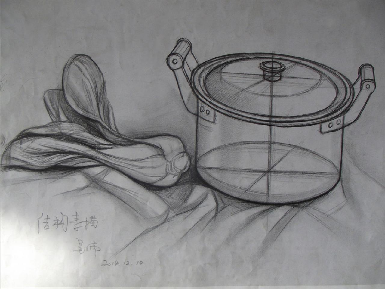 不锈钢锅和小油菜结构素描 完成稿