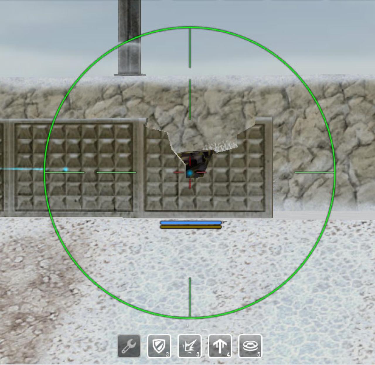 《3D坦克》中两名镭射炮玩家同时瞄准了躲在墙体缝隙后另一名镭射炮