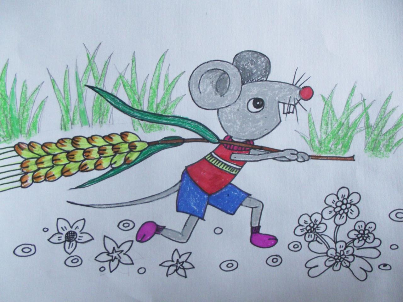 第五步，给小老鼠及远处小草涂色