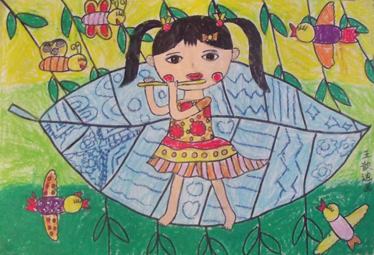 吹笛子的小女孩 王歆迪画