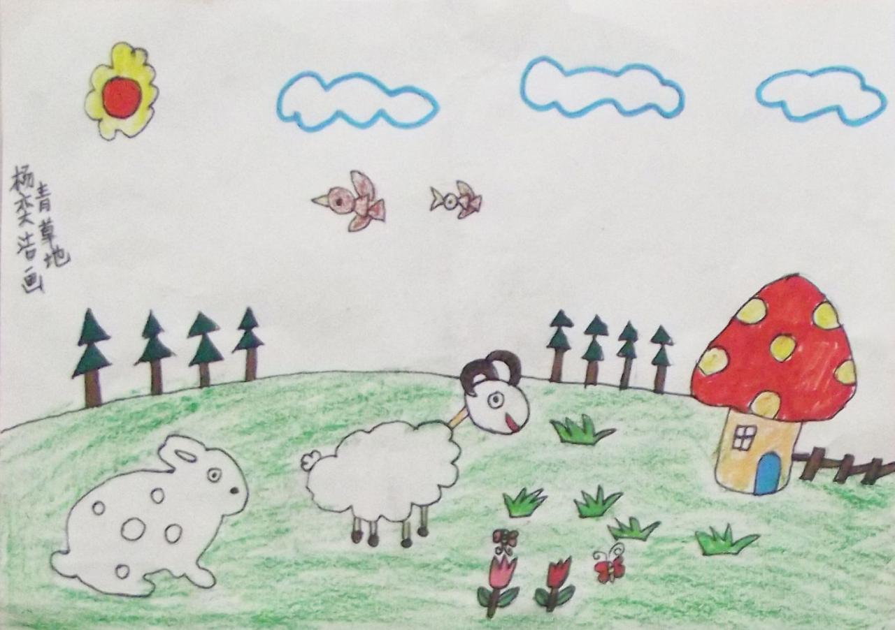 青草地上的绵羊 杨奕洁画