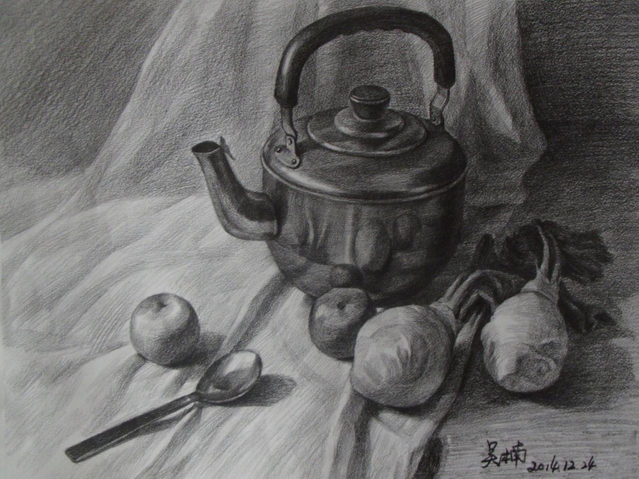 第四步，刻画不锈钢壶等静物的细节