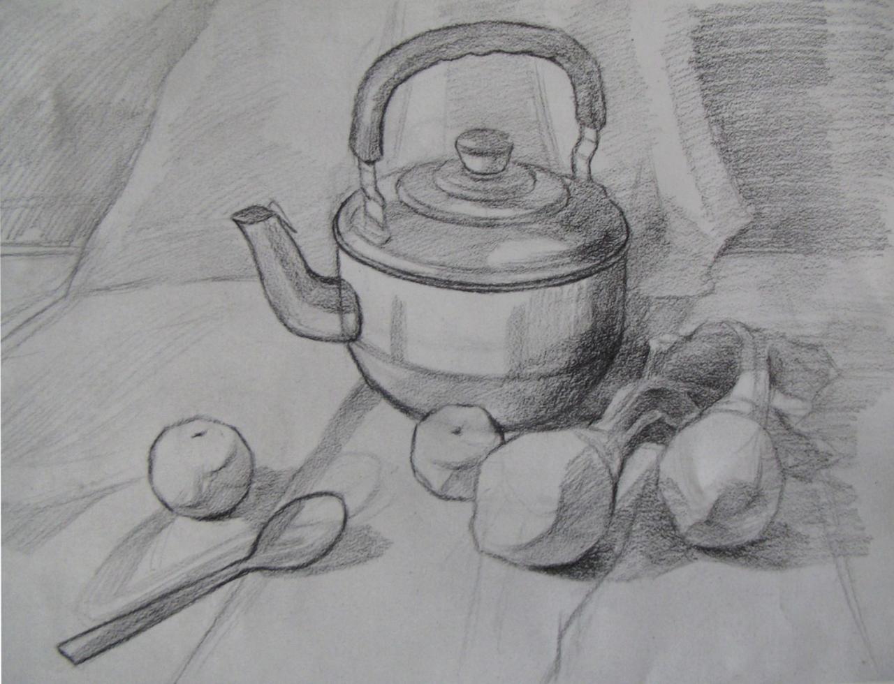 第二步，表现不锈钢壶等大体明暗关系