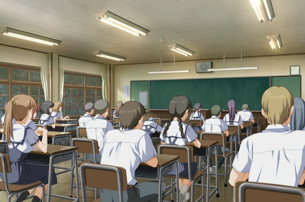 《明日の七海と逢うために》中阴雨时开着灯学生正在上课的教室